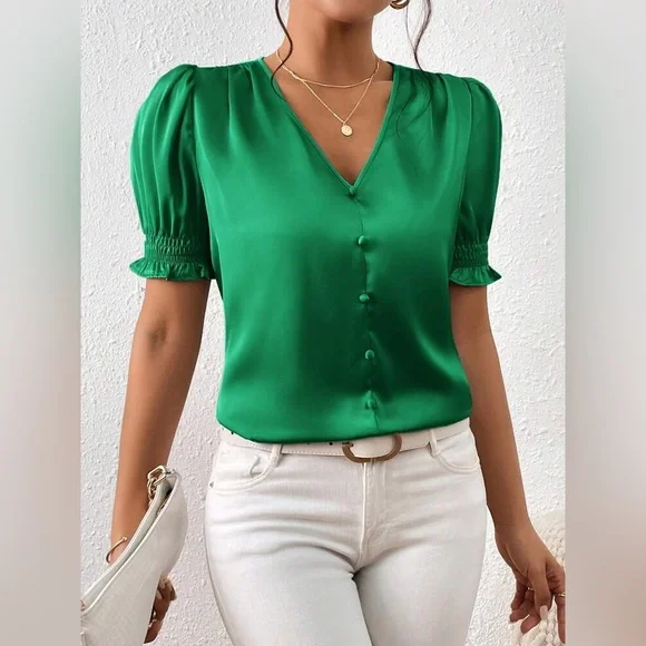 Elegant Green Women's Satin Puff Sleeve Front button Top - Picture 2 of 7
